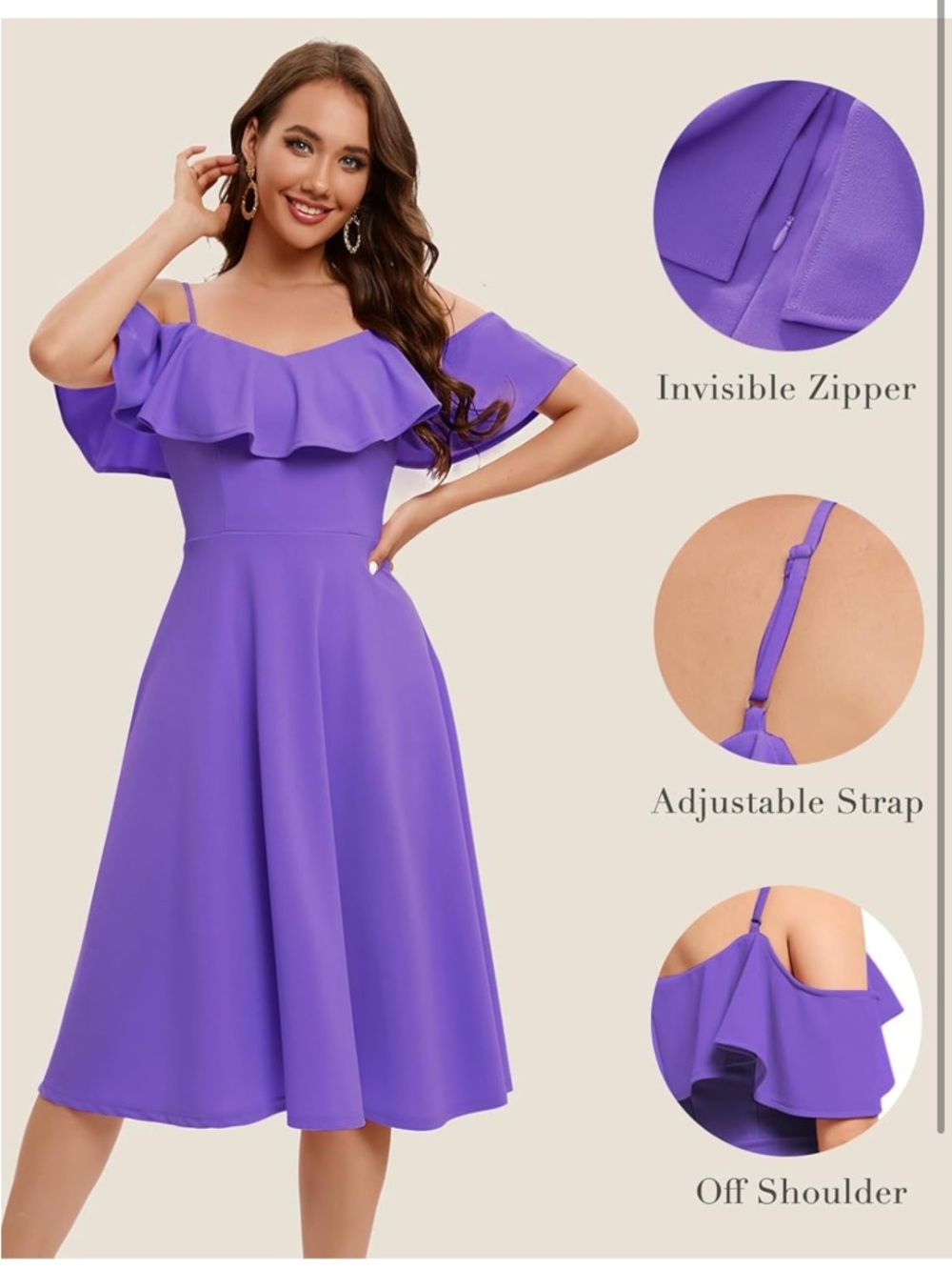 Off-Shoulder Ruffle Midi Dress in Violet - Picture 3 of 7